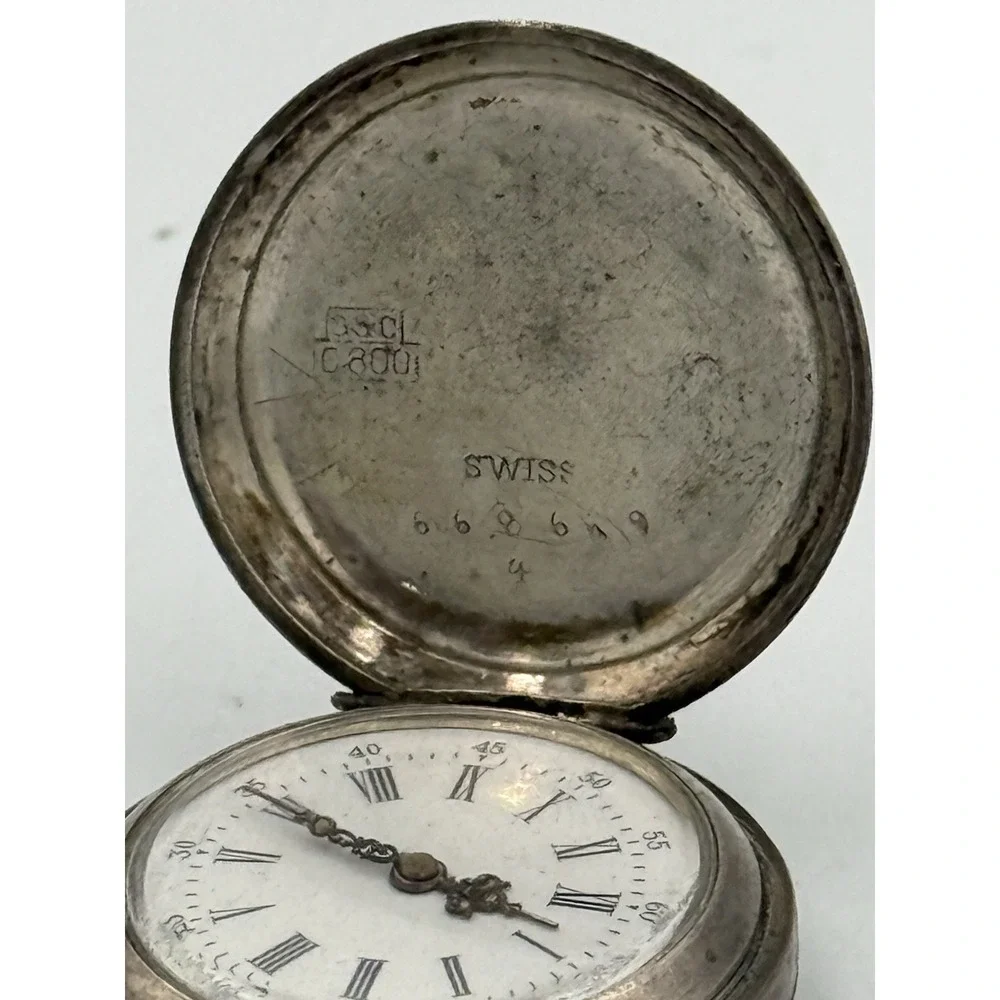 Antique Swiss 800 Silver Hunter Case Pocket Watch Engraved Swan Roman Numeral